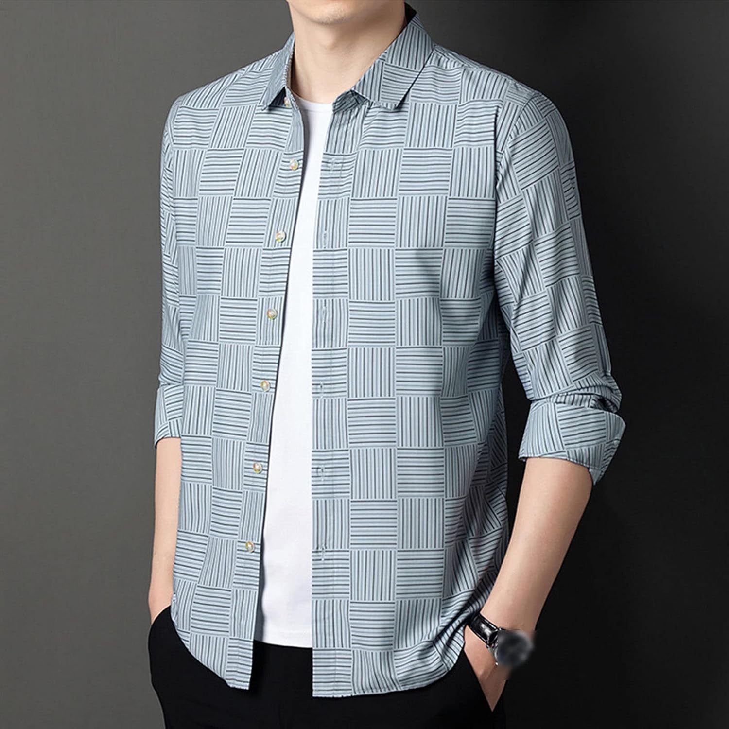 Men's Casual Striped Thin Ice Silk Shirt Regular Fit Button Down Dress Shirt Beach Striped Shirt Collar Top (Green,4X-Large)