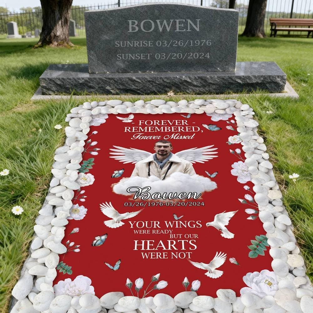 Personalized Memorial Grave Blankets Cover Custom Photo Name Date Waterproof Flowers Funeral Blanket Cover for Your Loved One Cemetery Decor Forever Remembered Forever Missed 2x5 Ft Purple