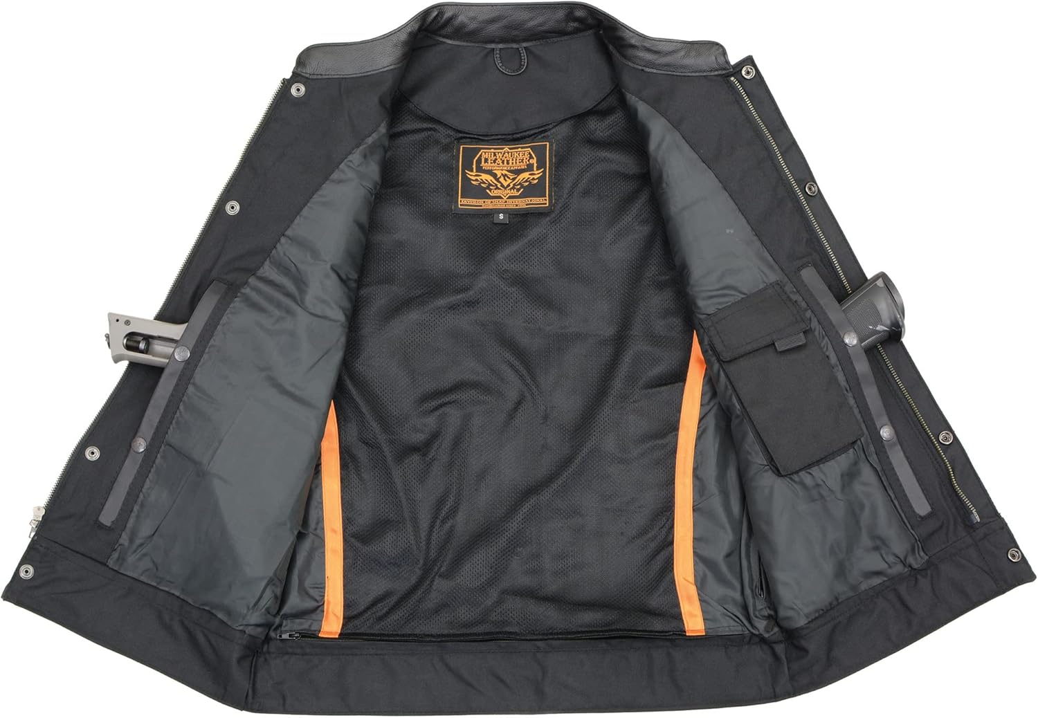 SOA Men's Basic Leather Motorcycle Vest Zipper & Snapping Closure w/ 2 Inside Gun Pockets & Single Panel Back