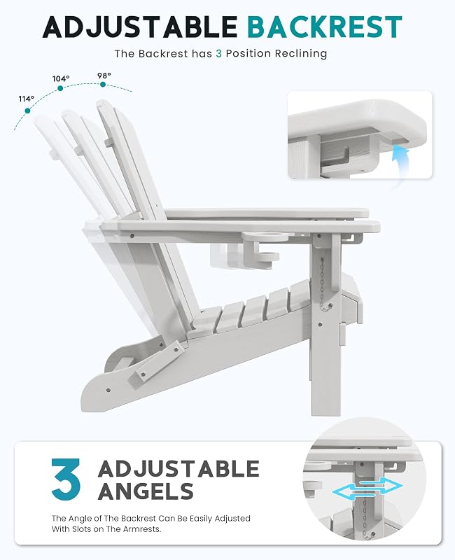 SERWALL Folding Adjustable Adirondack Chairs Set of 2, Cup Holders, White image 3
