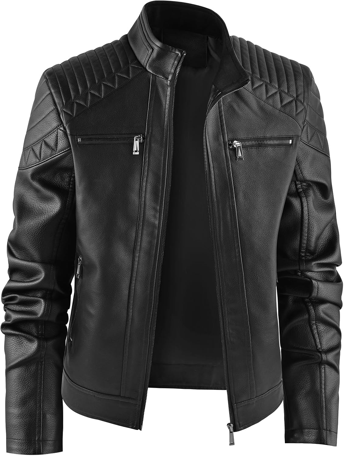 Men's Leather Jacket, Stand Collar PU Faux Leather, Zip-Up Motorcycle Bomber Jacket, Slim Fit Biker Coat