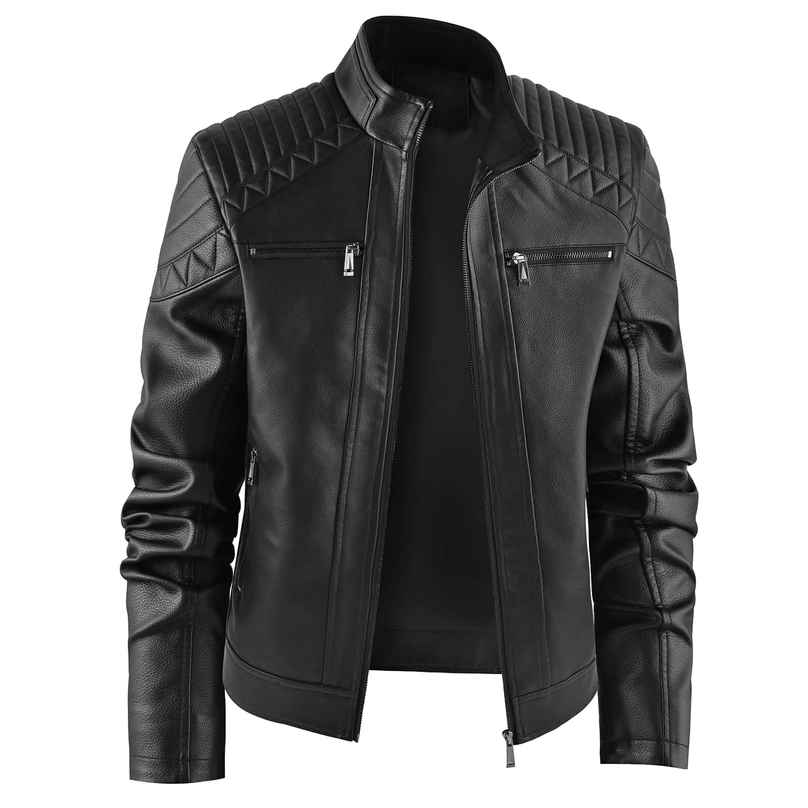 Mens Faux Leather Motorcycle Biker Jacket with Zipper Pockets PU Faux Leather, Bomber Jacket, Stand Collar, Zip Up, Lightweight, Windproof, Biker Coat, Motorcycle, Outwear