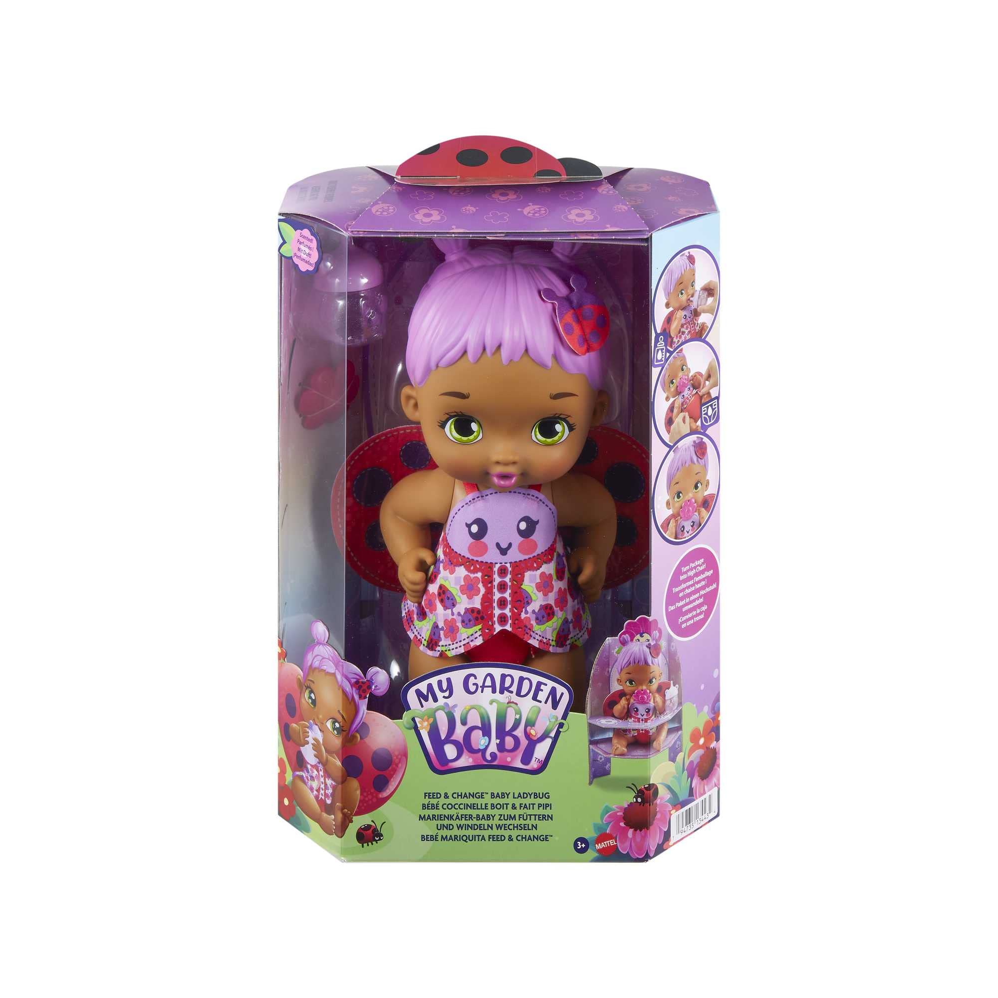 Mattel My Garden Baby Mariposa Bebe y hace pipí Pelo morado Muñeca bebé de juguete con pañal, biberón, diadema y accesorios , regalo +3 años (HMX28)
