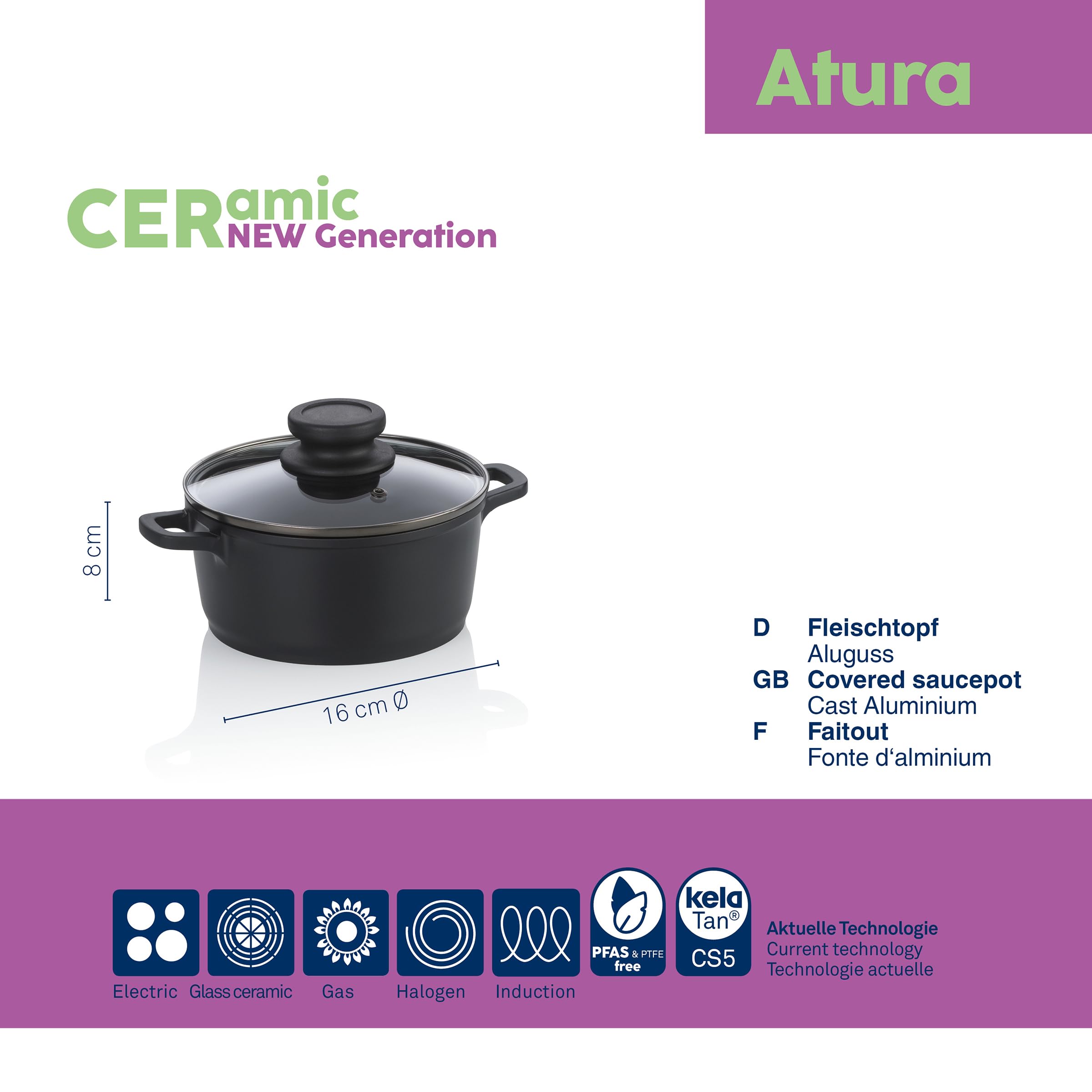 kela Garnek do mięsa 16 cm ze szklaną pokrywką ATURA, garnek do gotowania mały 1 litr, garnek indukcyjny, odlew aluminiowy powlekany ceramiką, bez PFAS, czarny