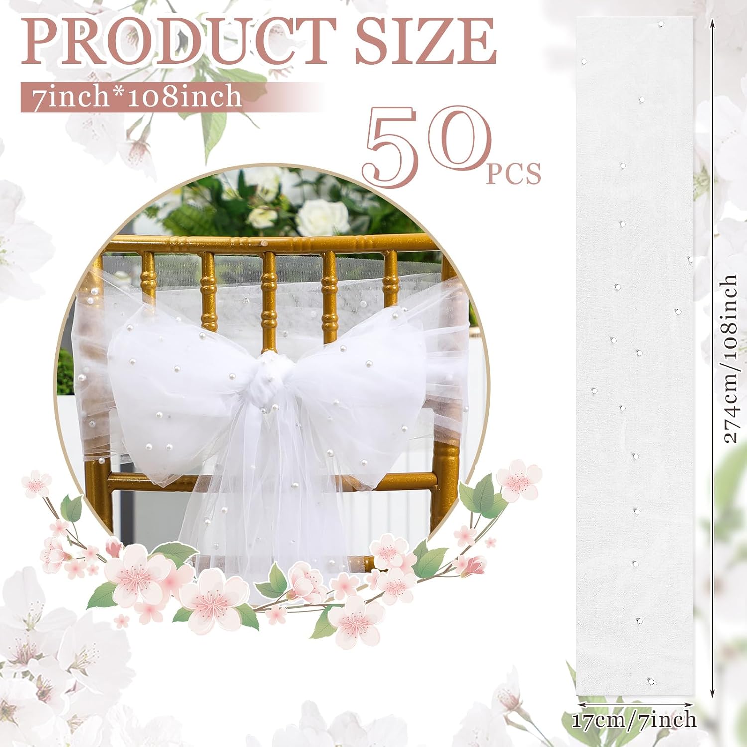vitalcozy 50 pcs vintage chair sashes embroidered boho bows rustic floral chair ties for wedding bridal shower baby shower birthday party table decoration, 7 x 108 inches(pearls,white) white pearls