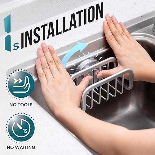 Miniatura 2 de TAILI Soporte para esponjas de fregadero de cocina con ventosa fuerte, organizador de fregadero de aluminio a prueba de óxido para esponjas, soporte