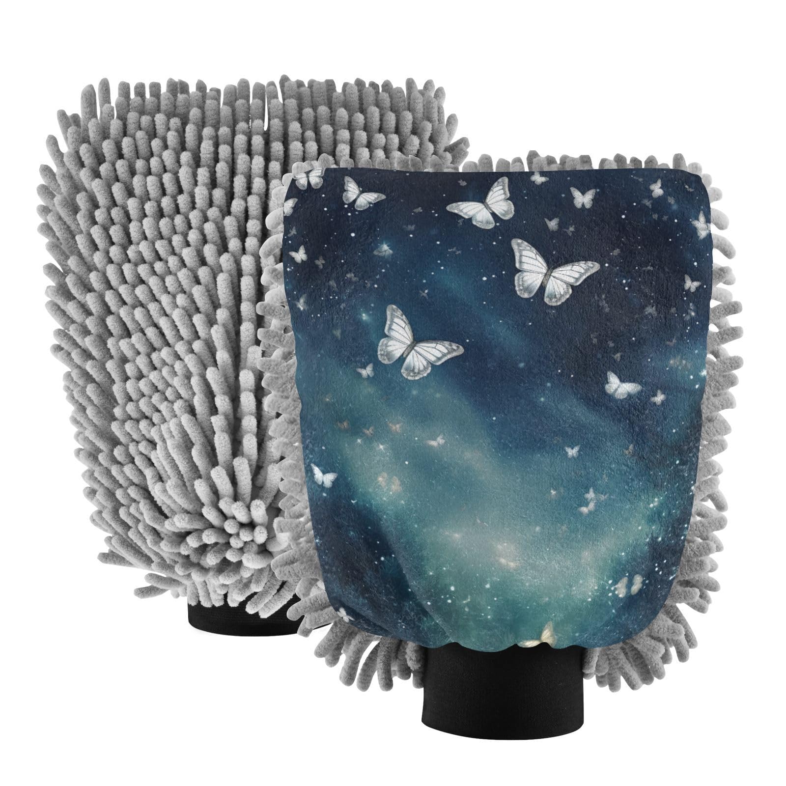 IOACIY Absorbent Microfiber Car Wash Drying Mitts, 2 Pack, Scratch-Free & Lint-Free, Rich Foam, Highly Absorbent, Double Sided, Wash Mitt Perfect for Car Washing, M, Fantasy Starry Sky Butterfly (1)