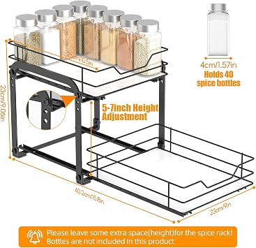 Pull Out Spice Rack for Inside Cupboard, 2-Tier Metal Spice Rack with Adjustable Height, Heavy Duty Slide Out Spice Rack Organizer (23W X 26D X 23H cm)