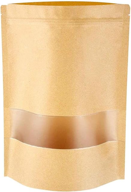 OURUI 50 Pcs Kraft Paper Zip Lock Food Bag Stand Up Reusable Sealing Pouches with Transparent Window for Candy Coffee Beans Storage (15x22cm)