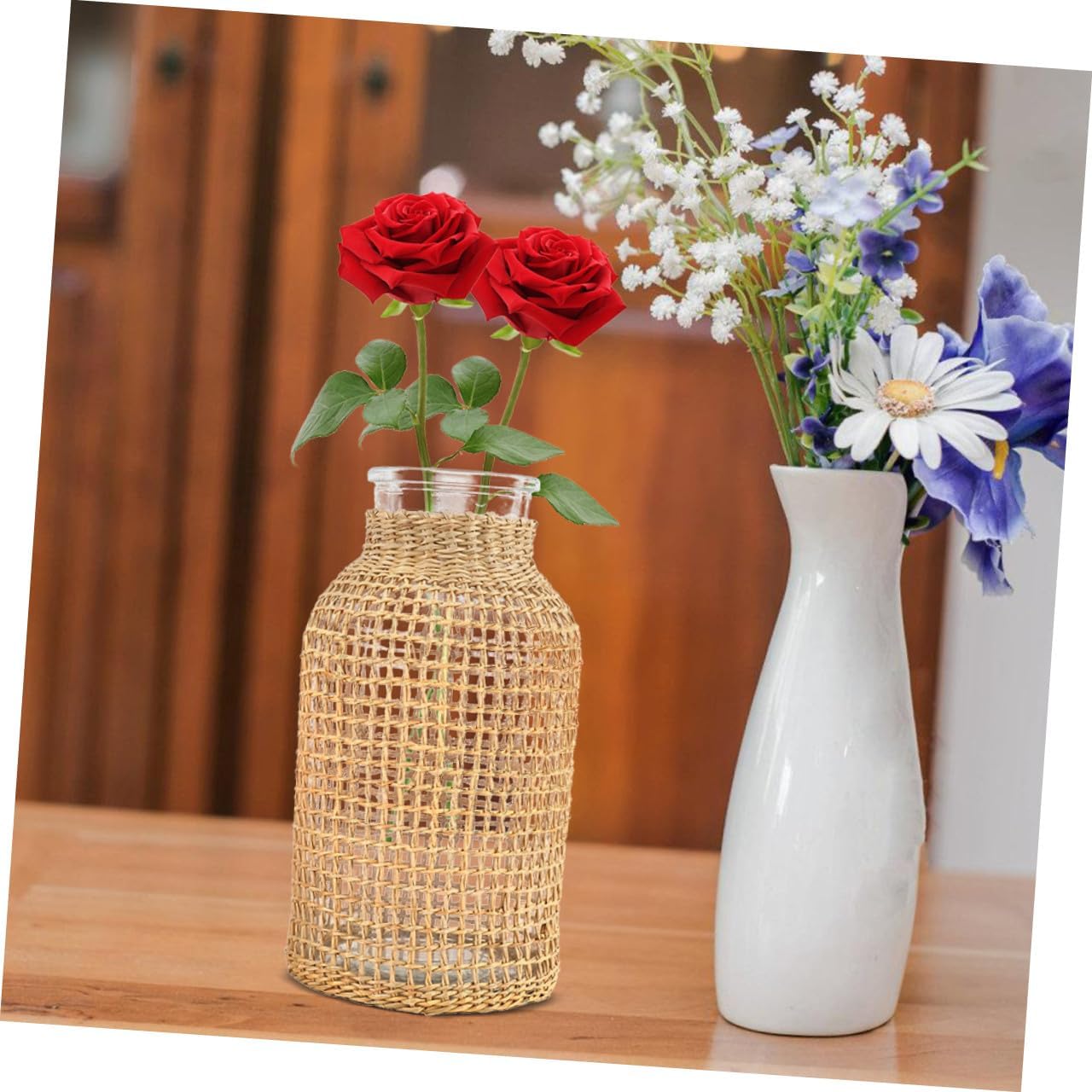 Woven Straw Glass Flower Vase Rustic Dry Flower Vase Decorative Glass Bottle Rattan Holder for Home Decor Khaki