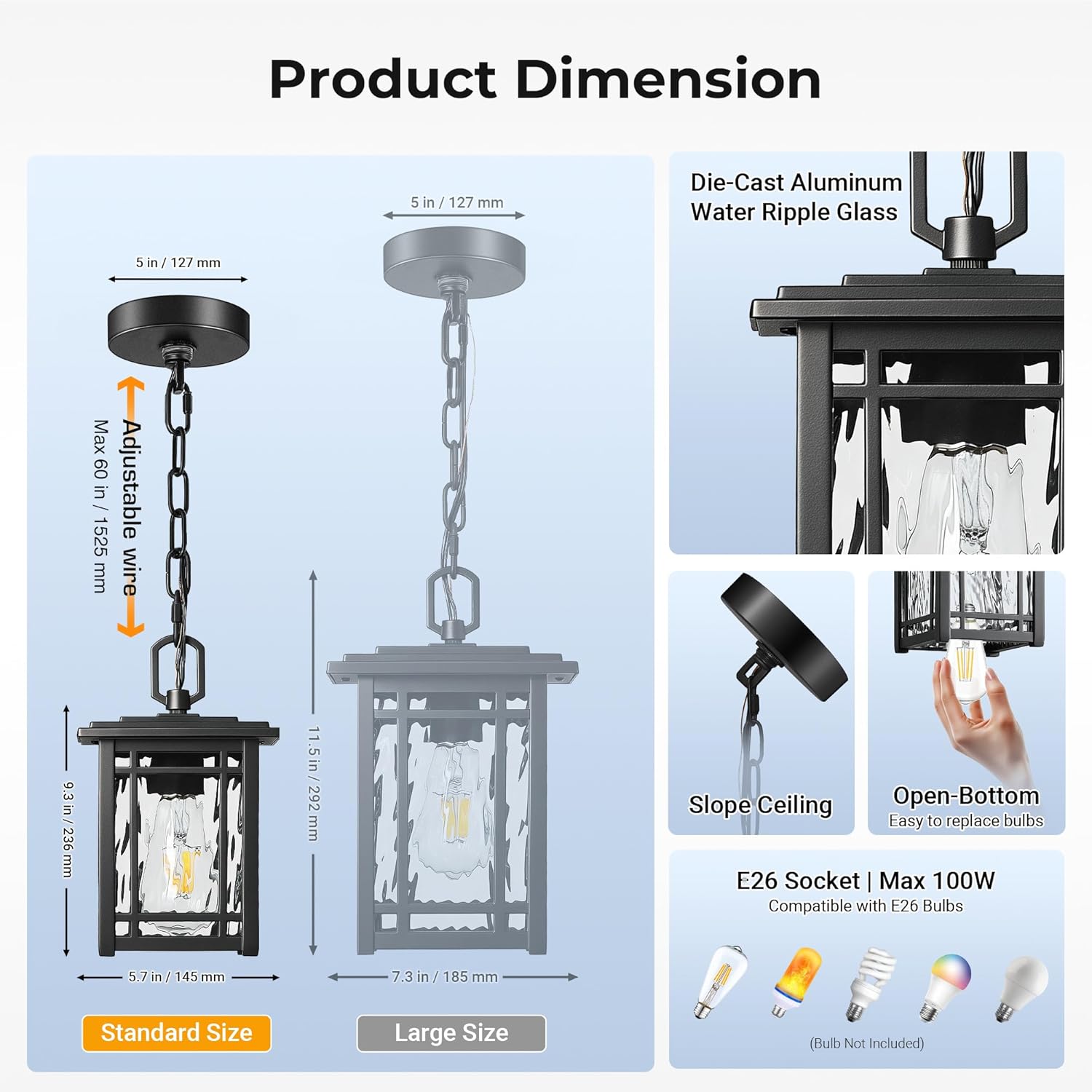 5.7in Black Outdoor Pendant Light, 1-Pack Outdoor Hanging Lights with Photocell Sensor, 1-Pack Exterior Chandelier for Porch, Waterproof Outdside Pendant Lantern with Adjustable Chain