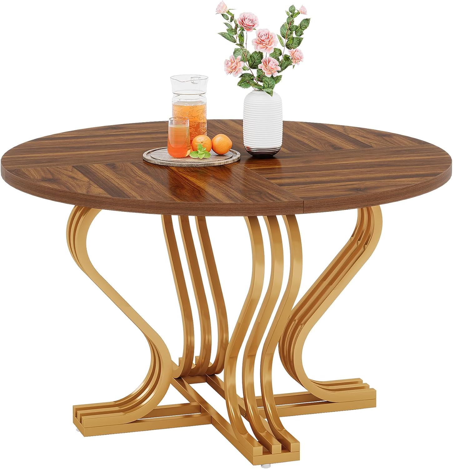 Tribesigns 47-Inch Round Dining Table for 4, Farmhouse Wood Kitchen Table with Gold Metal Base, Circle Dinner Table Dining Room Table for Kitchen, Living Room, Rustic Brown