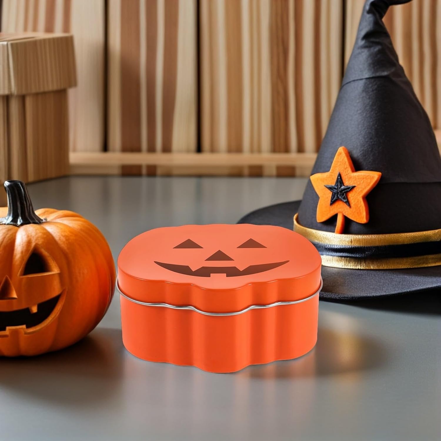 OSALADI Halloween Pumpkin Candy Tin Boxes 4pcs, Decorative Metal Storage Containers with Lids, Pumpkin-shaped Candy Packaging for Party Treats and Storage
