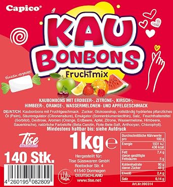 Tise Confectionery Soft Chewing Sweets Fruit Mix (1 kg) Watermelon Cherry Apple Orange Raspberry Strawberry Lemon