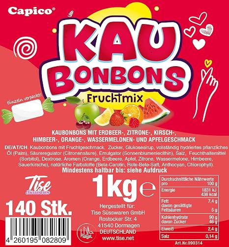Tise Confectionery Soft Chewing Sweets Fruit Mix (1 kg) Watermelon Cherry Apple Orange Raspberry Strawberry Lemon