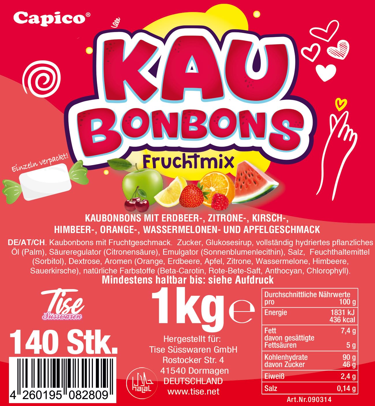 Tise Süsswaren Kaubonbons Fruchtmix 8x1Kg (8Kg) Wassermelone Kirsche Apfel Orange Himbeere Wurfmaterial Karneval Giveaway