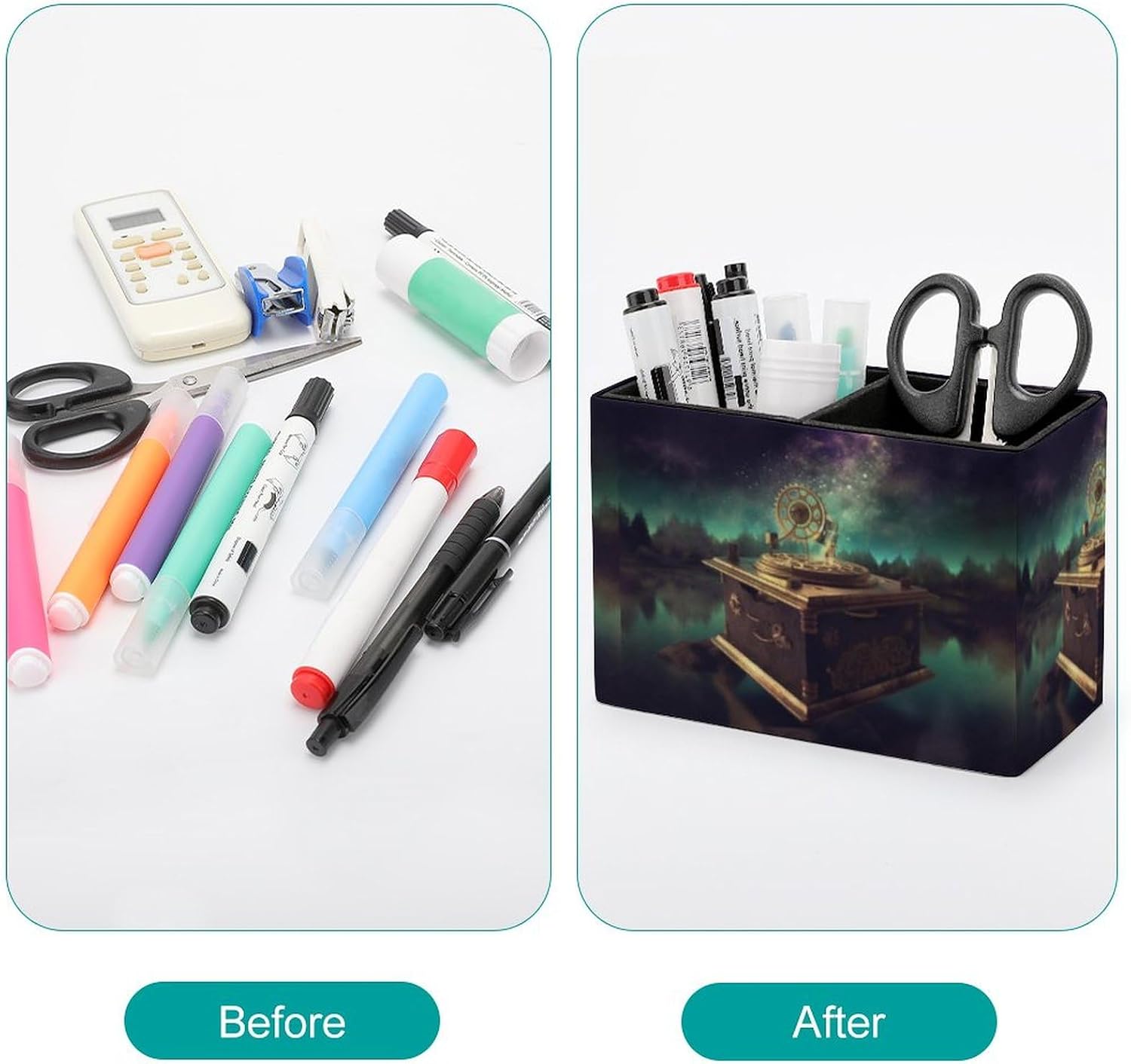 Leather Pen Holder for Desk Organizer Dream Music Box Pencil Holder 2 Slots Cute Pencil Cup Decorative Makeup Brush Holder Cup Office Pen Cup Desk Accessories Pen Organizer image 3