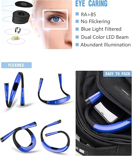Vista 46 de Glocusent - Luz de lectura para el cuello, 3 colores, 6 niveles de brillo, brazos flexibles, recargable, larga duración, perfecta para leer