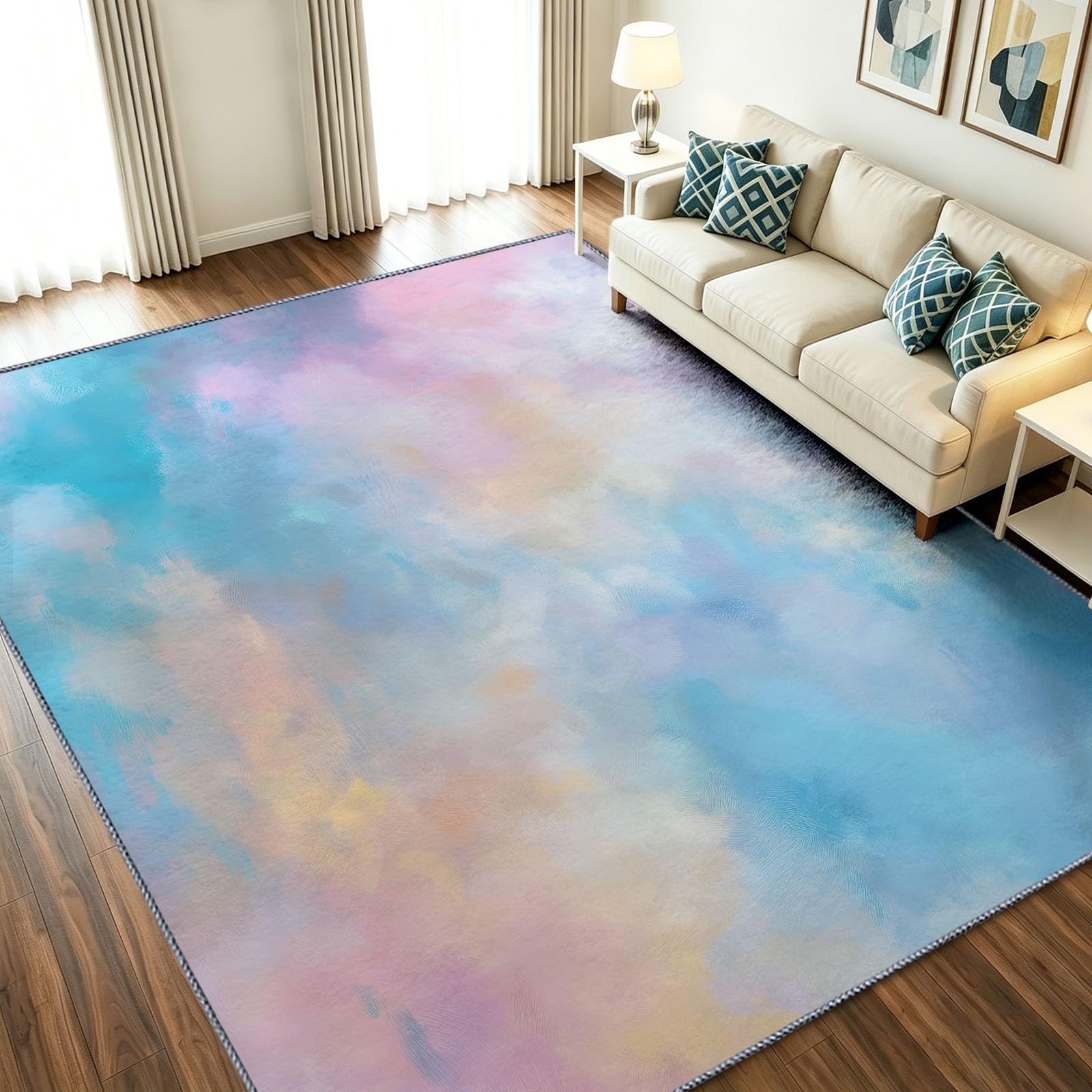 Tapis Salon Féerique 180 x 240 cm Nuage Brume Dégradé Lavable en Machine Rug | AntidéRapant Poil Ras, pour Salle de Bains, Chambre, Salle à Manger et Cuisine, Bleu