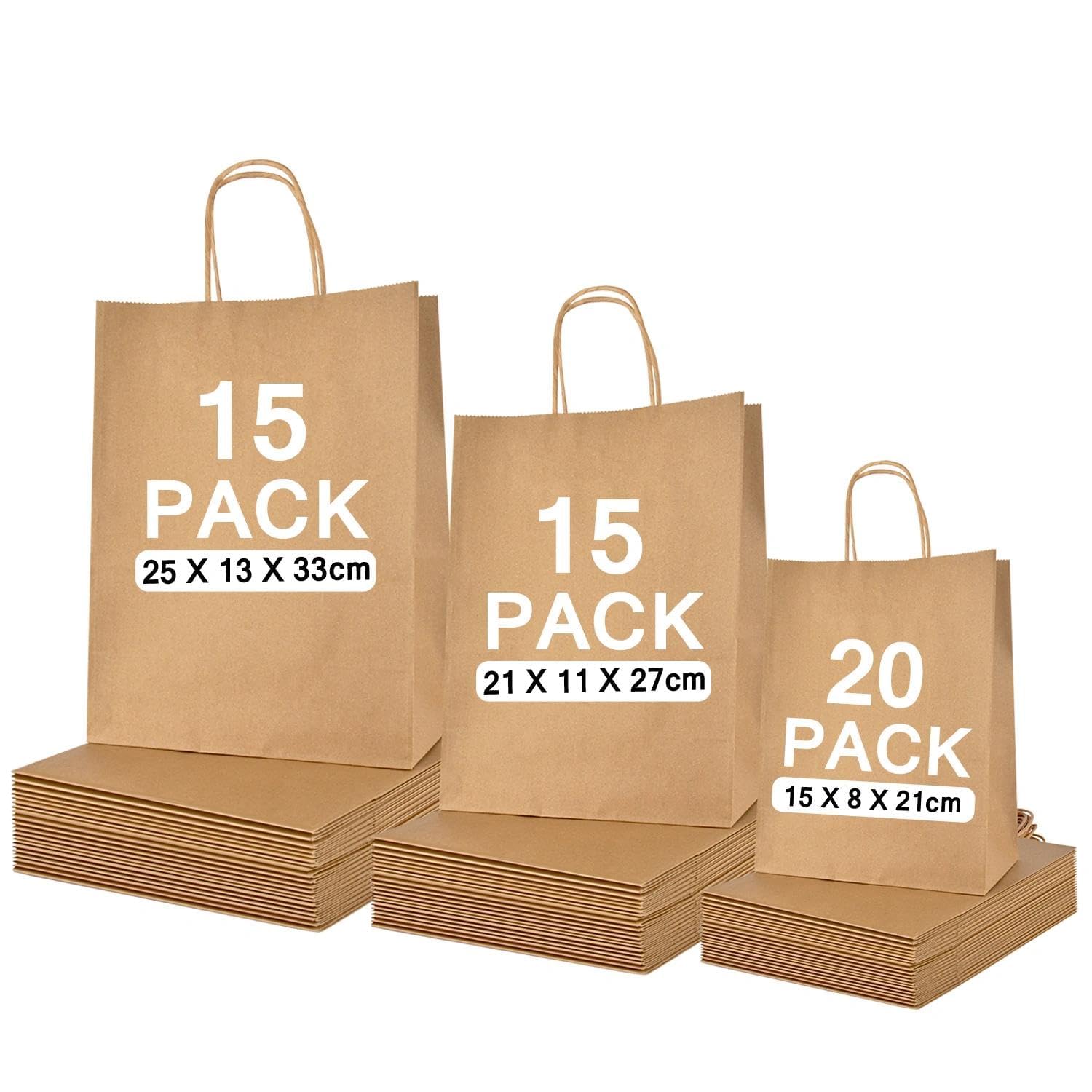 50 Sacchetti di Carta Kraft con Manico, 3 Misure Assortite (25x13x33 cm, 21x11x27 cm, 15x8x21 cm), Sacchetti Robusti per Affari, Vendita al Dettaglio, Shopping e Regali