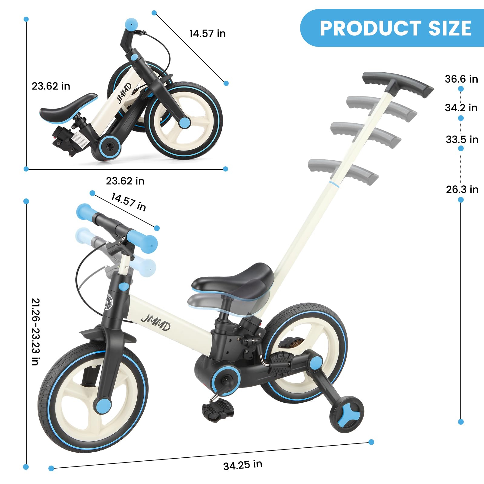 JMMD Bicicleta 6 en 1 para Niños Pequeños con Ruedas de Entrenamiento y Pedales, Edad 18 Meses a 5 Años, Bicicleta de Equilibrio y Pedal 12" Transformable y Plegable