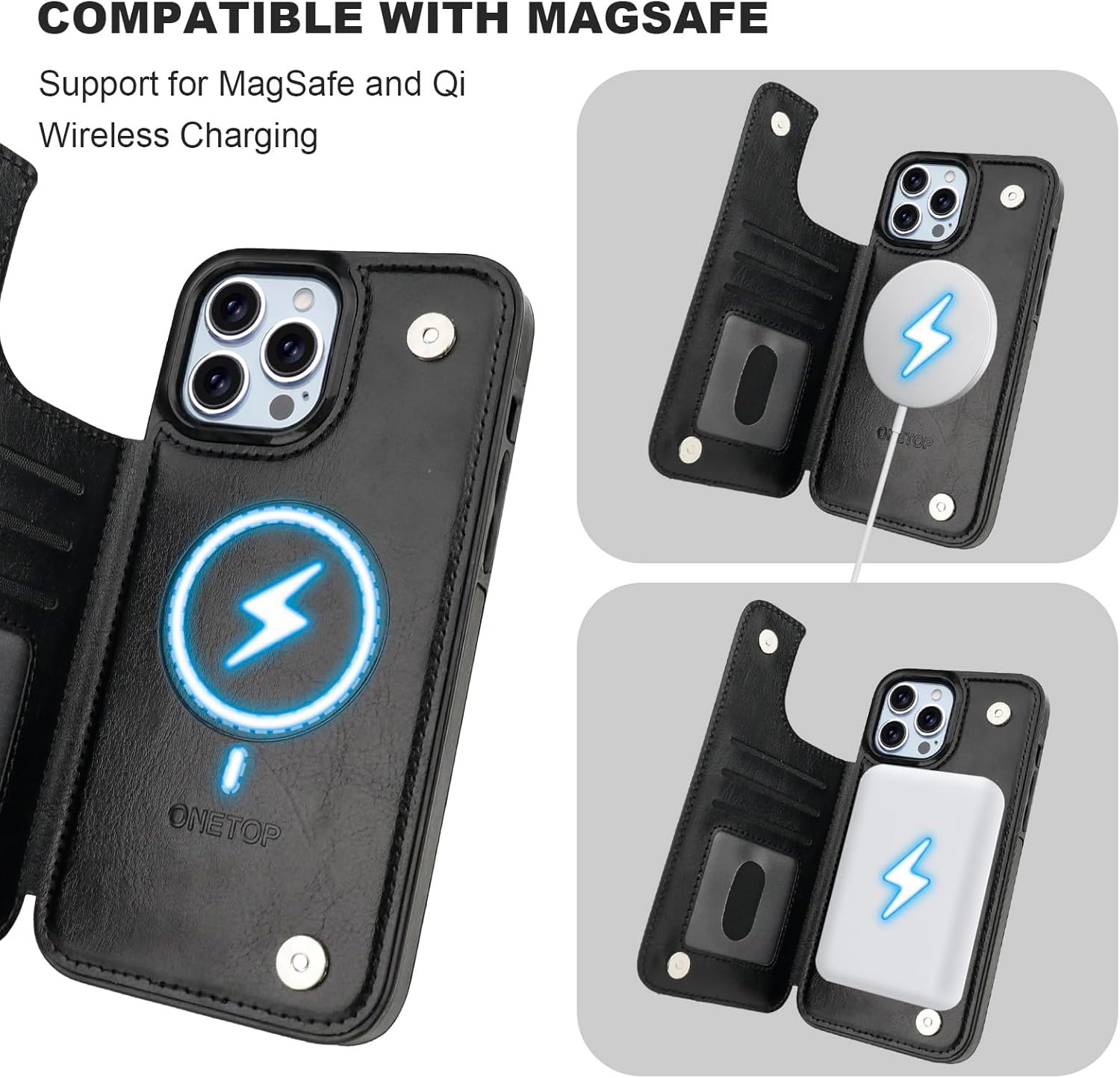 ONETOP Compatible with Magsafe for iPhone 13 Pro Max Wallet Case with Card Holder, PU Leather Kickstand RFID Blocking Case, Double Magnetic Clasp and Durable Shockproof Cover 6.7 Inch (Black) - Image 5