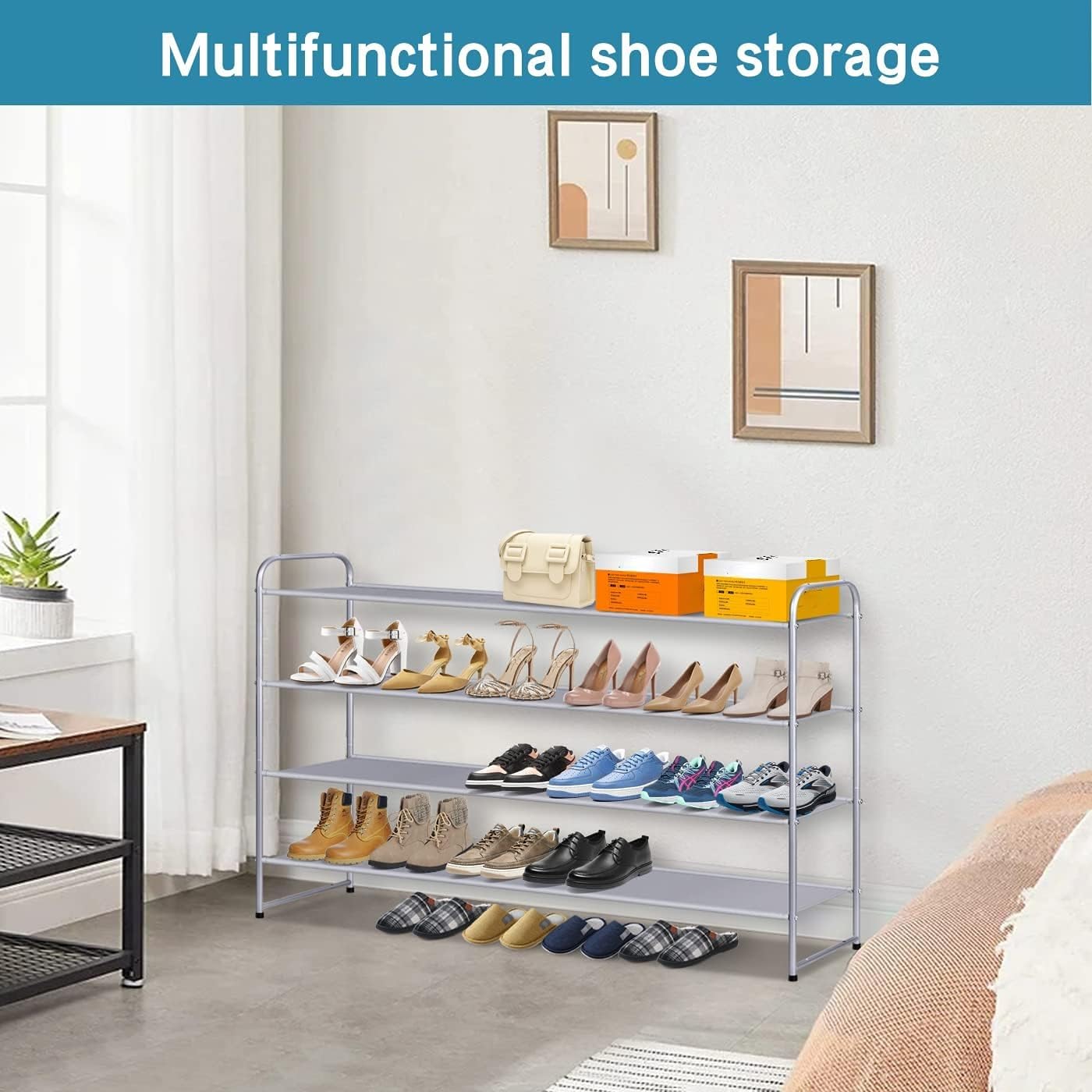 KIMBORA Zapatero largo para armario, 30 pares de organizadores apilables de almacenamiento de zapatos, estante ancho de 4 niveles para dormitorio y piso (gris)