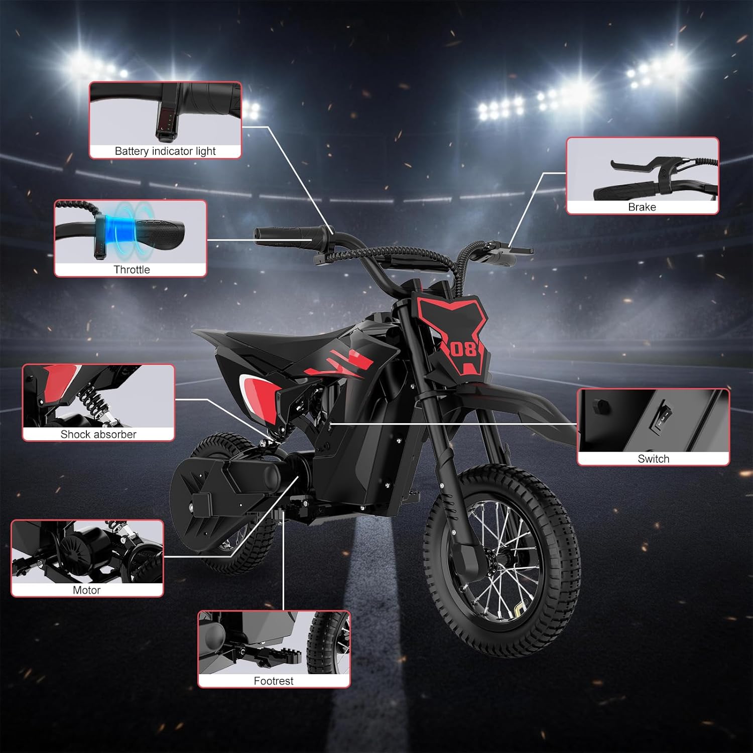 MT8 Children's Electric Motorcycle, 300 W Motor with 3 Speeds Up to 25 km/h, 18 km Range, 12 Inch Inflatable Tyres, Suspension and Drum Brake – Children's Moto Cross Up to 60 kg