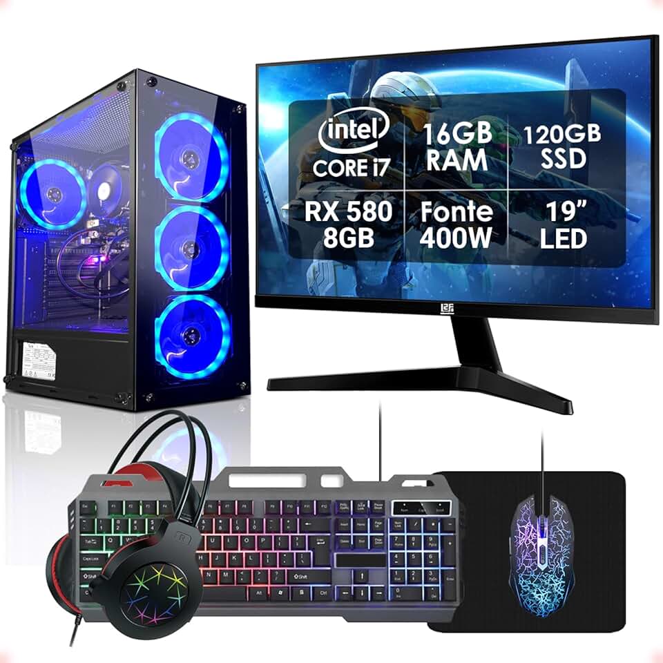 PC Gamer Completo Intel Core i7 16GB SSD 120GB Radeon RX 580 8GB Monitor 19" Fonte 400W Kit Gamer L2F Informática