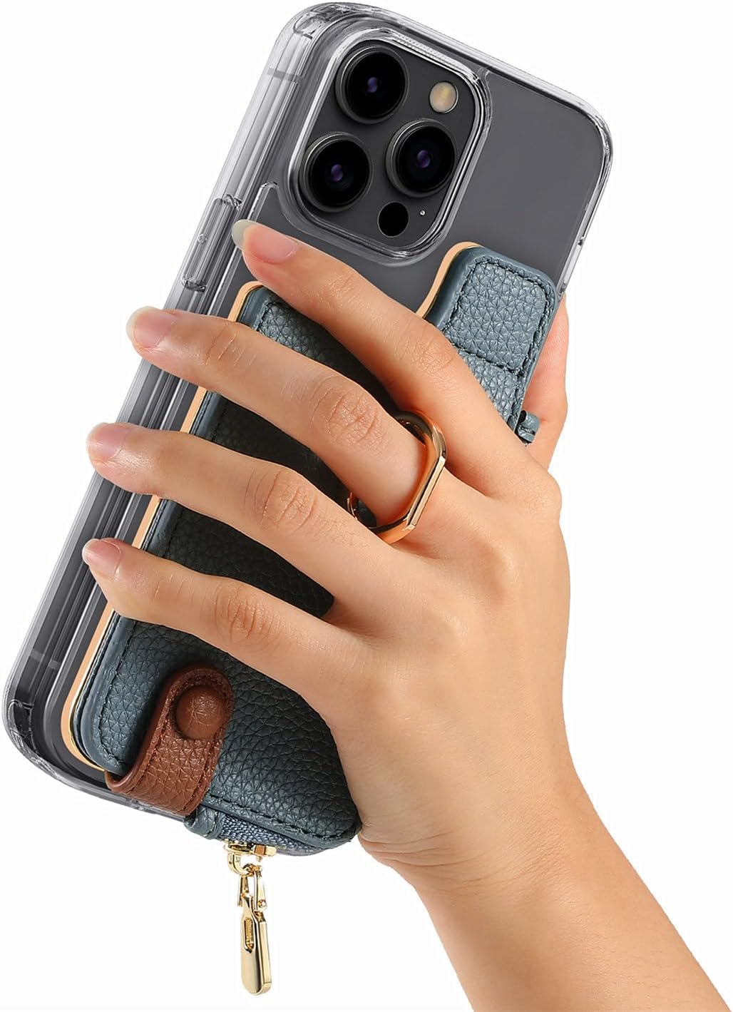 [Angel Smile] スマホ カードケース 粘着カードホルダー 貼り付け カード収納 ICカード 定期入れ 小銭入れ付き RFIDブロッキング リング付き スマホスタンド ファスナー付き コインケース かわいい 全機種対応 (ブルー)