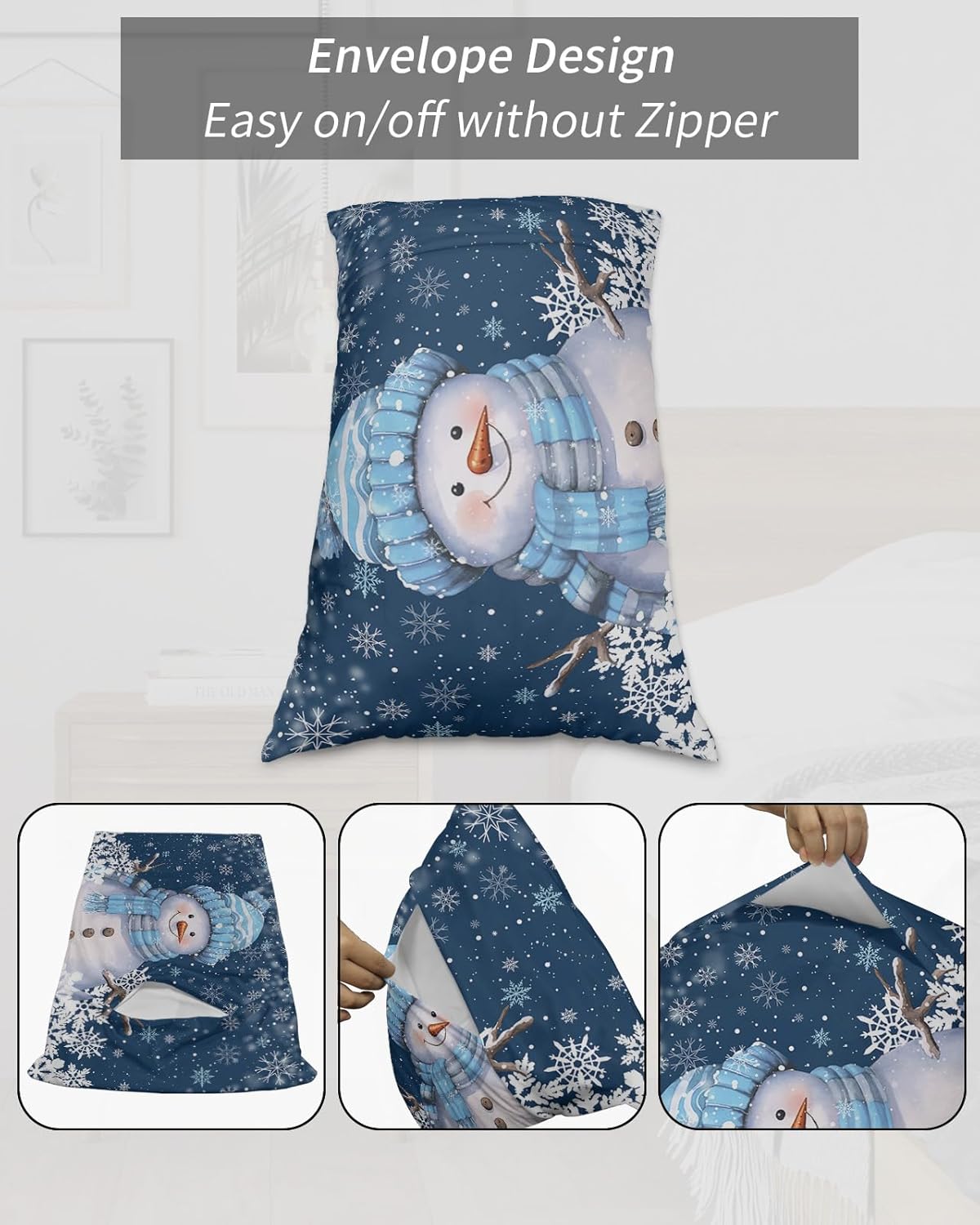 Navy Blue Snowman King Size Pillowcases,Soft Bed Throw Pillow Covers Sham Decorative Sofa Couch Long Body Lumbar Bolster Cushion Case with Envelope Closure,Winter Christmas Fantasy Snowflake 20"x40"