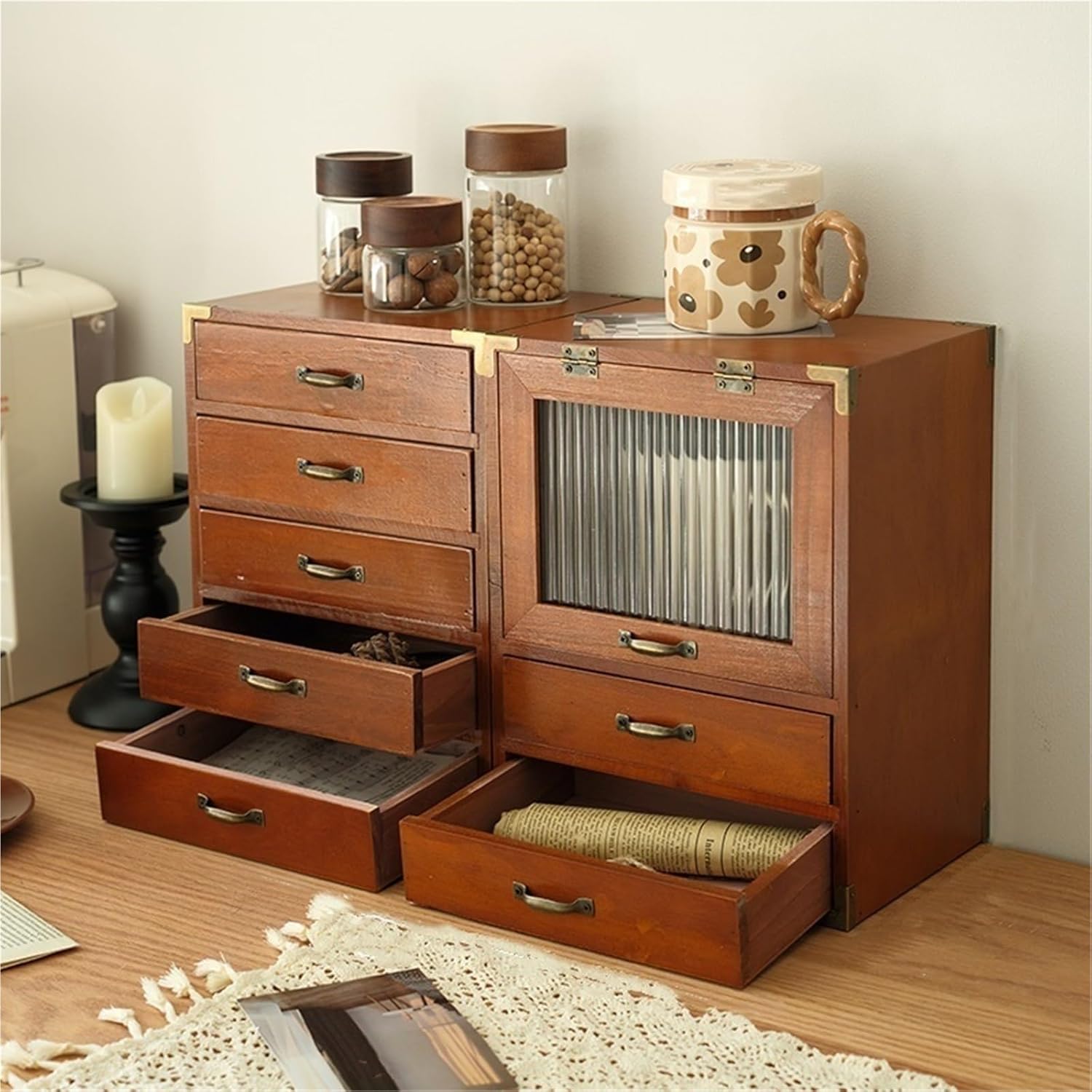 Countertop Storage Cabinet with Drawer and Glass Door Desktop Organizer Mini Wooden Counter Top Cabinet for Perfume Figurines Jewelry Pantry Storage(Brown)