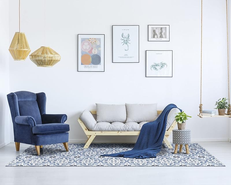 Panorama Kék Virágmintás Vinyl Szőnyeg Konyhába és Nappaliba - Spanyol Hidraulikus Csempe Dizájn - Hipoallergén, Mosható - 60x110 cm