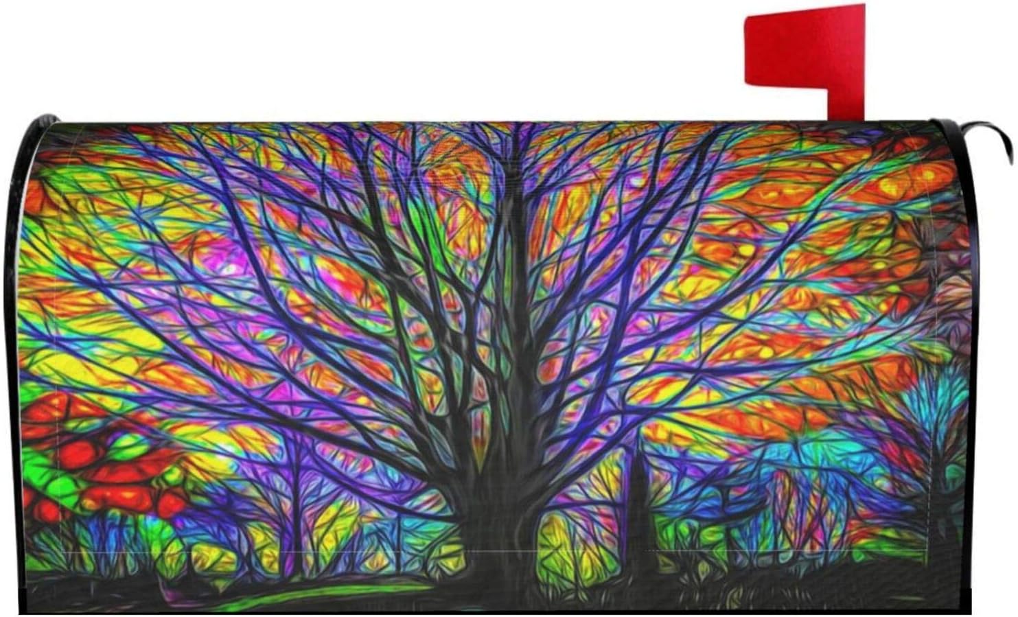 Rainbow Tree of Life Magnetic Mailbox Covers, Colorful Trees Mail Wraps Garden Yard Home Decor for Outdoor Standard Size 21" Lx 18" W