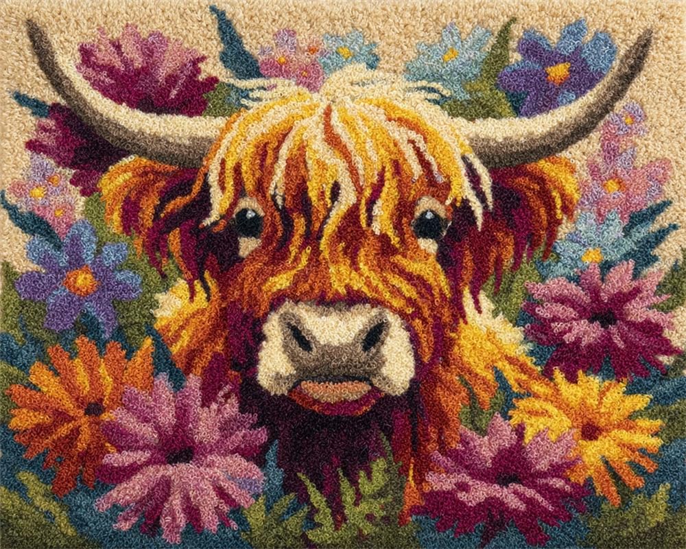 FWRTYCB Latch Hook Kits Rug Making Crafts with Pattern Printed,Highland Cattle and Flower 20X15Inch Large Latch Hook Rug Kit Tapestry Rug Making Kits DIY Crafts Unfinished Handmade Crochet Yarn for