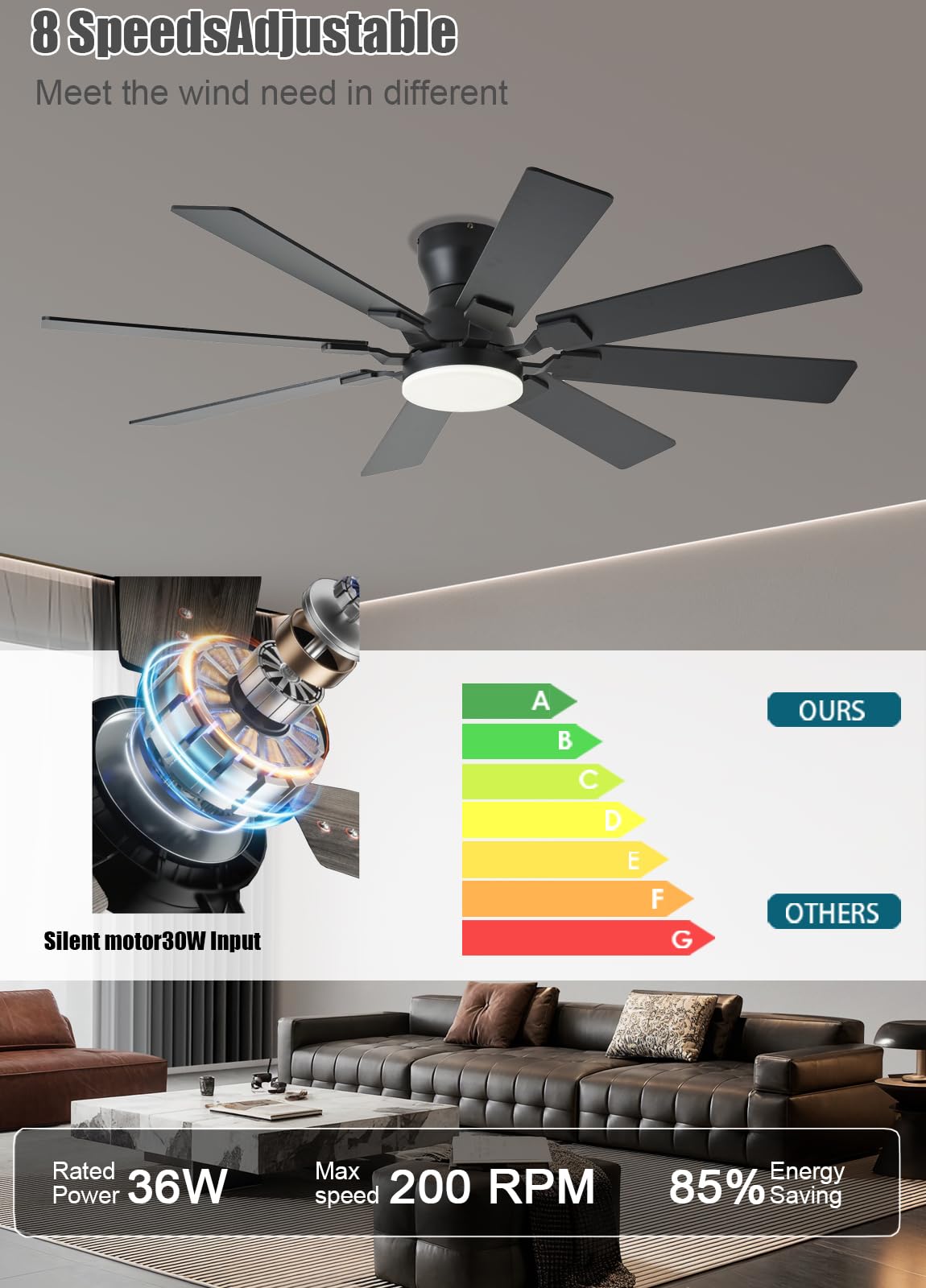 52 inch Ceiling Fan with Light 6 Speeds Reversible Low Profile Ceiling Fan with Light and Remote APP — view 6