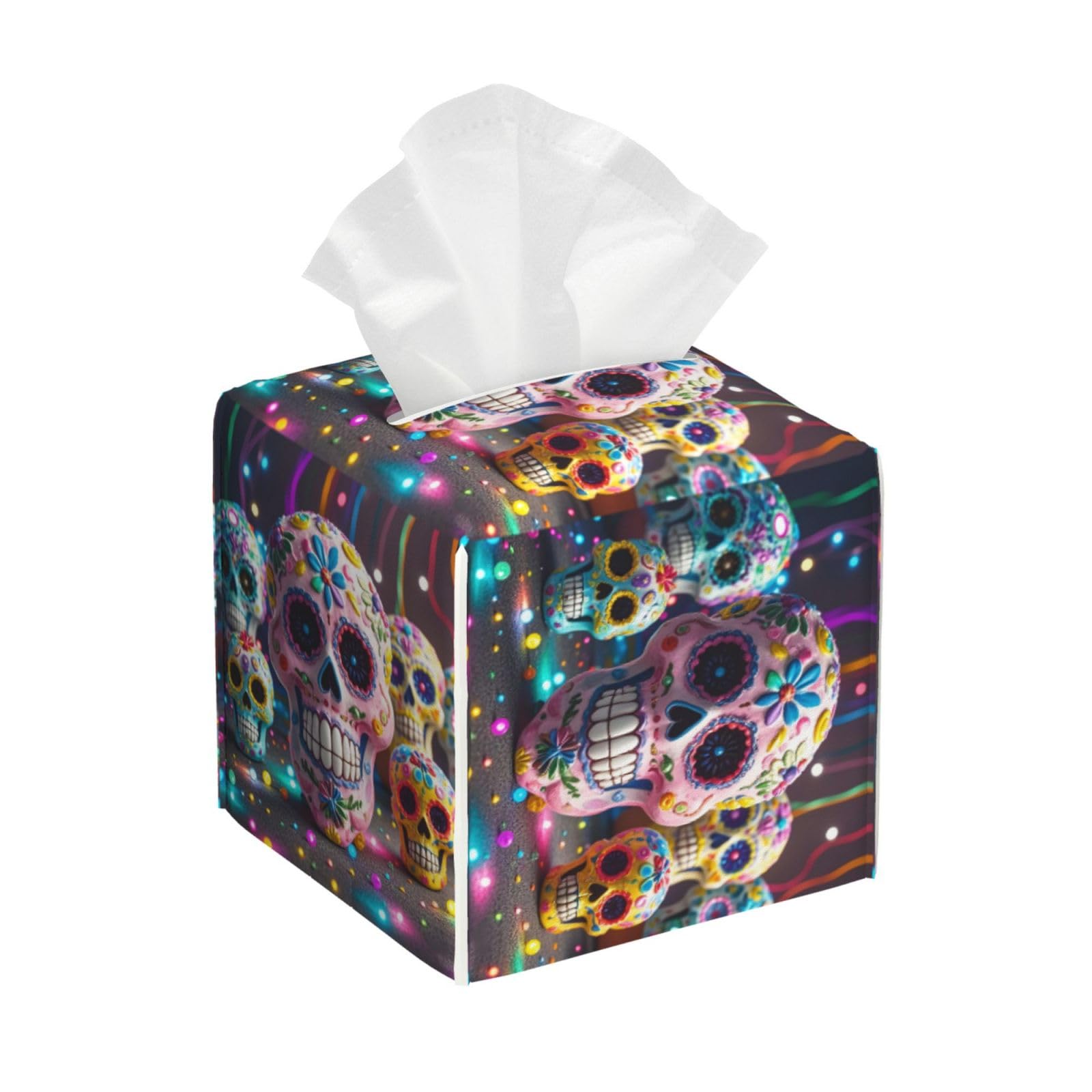 Tissue Box Cover Square Tissues Cube Boxes PU Leather Tissue Holder Sugar Skulls Tissue Box Facial Tissues Case Decorative Paper Organizer Dispenser for Bathroom Bedroom Office