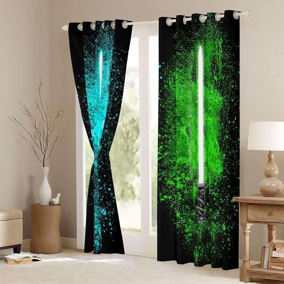 Feelyou Lightsaber Curtains for Kids Boys Teens Blue Green Lightsaber Grommet Curtains for Bedroom Living Room Soft Durable Washable Windows Drapes,52 x 84 Inch,2 Panels…