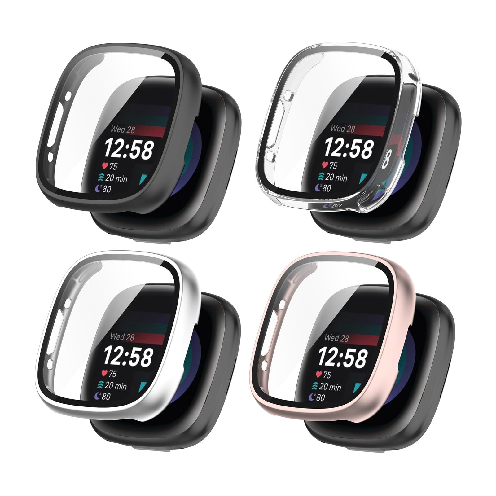 4 Pack Hard PC Case with Tempered Glass Screen Protector Compatible with Fitbit Versa 4/Sense 2 Anti-Scratch Protective Bumper Plated Overall