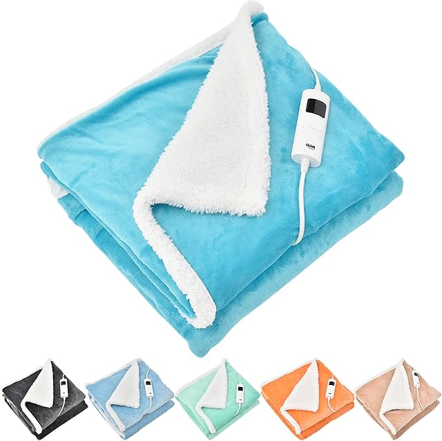 GlamHaus Heated Throw Electric Brown Fleece Over Blanket Sofa Bed Large 160 X 130cm - 9 Heat and 9 Timer Auto Shut Off - Soft Reversible Design - Digital Control - Machine Washable (Scuba Blue)