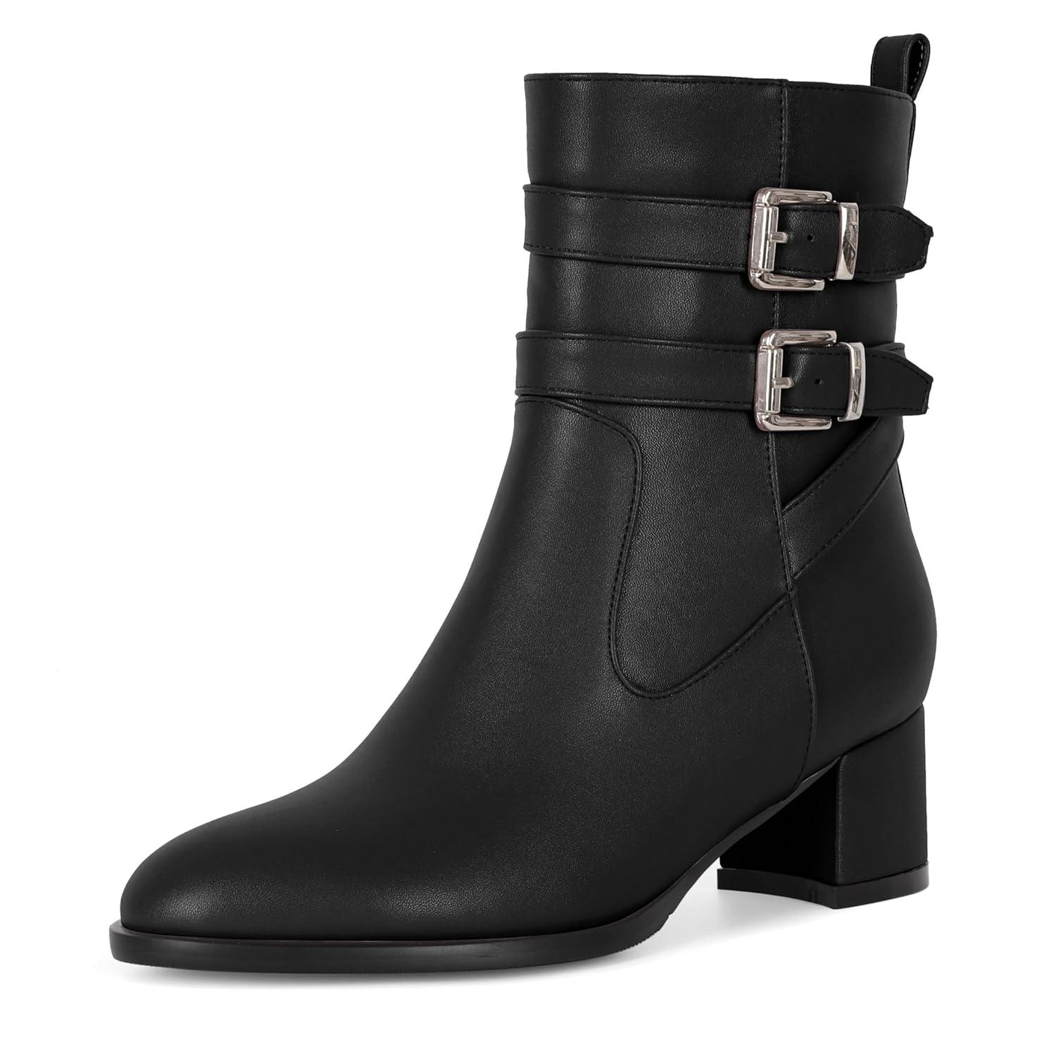 AUMOTED Kitten Low Ankle Boots for Women Chunky Block Heel Bootie Side Zipper Round Toe Double Adjustable Buckle