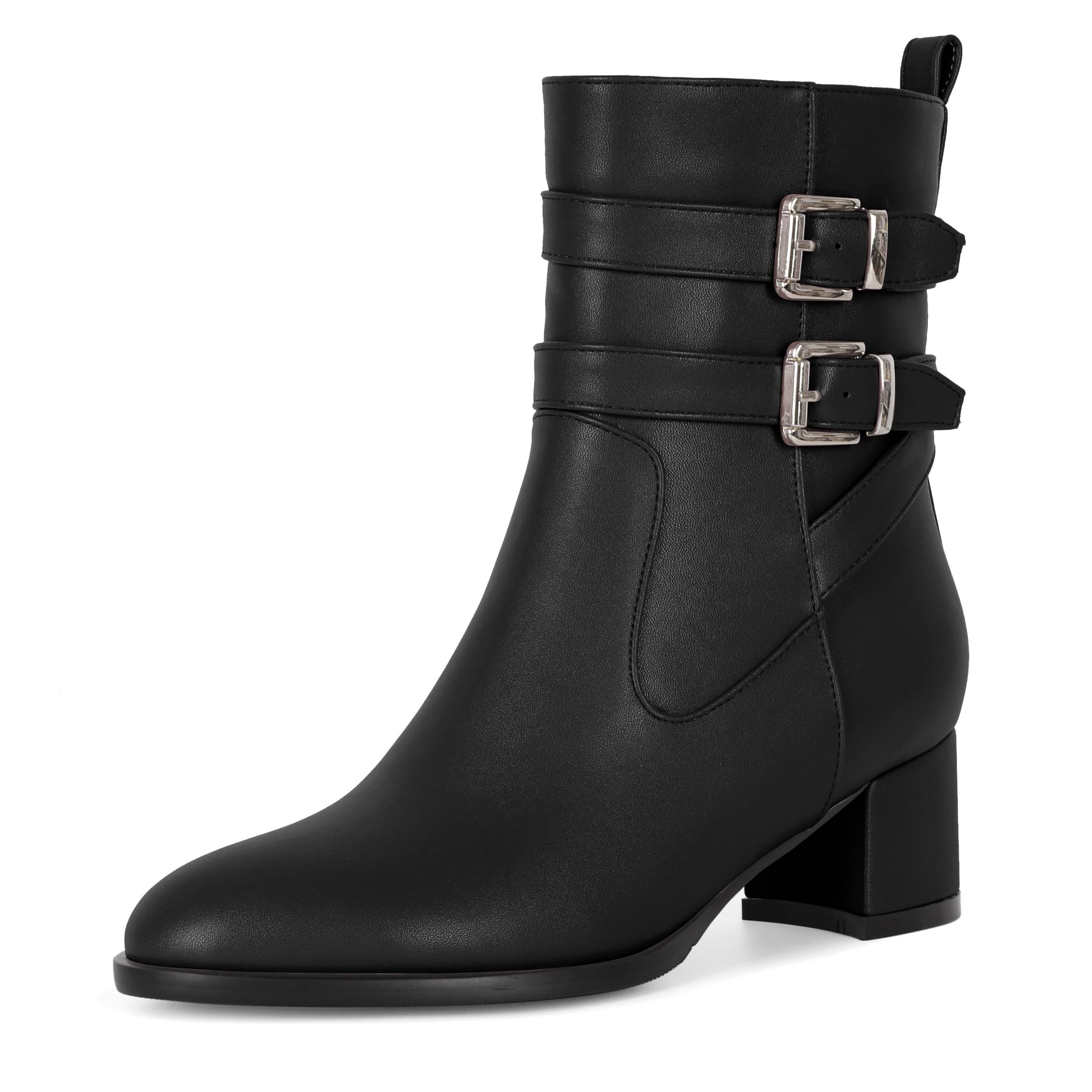 AUMOTED Kitten Low Ankle Boots for Women Chunky Block Heel Bootie Side Zipper Round Toe Double Adjustable Buckle
