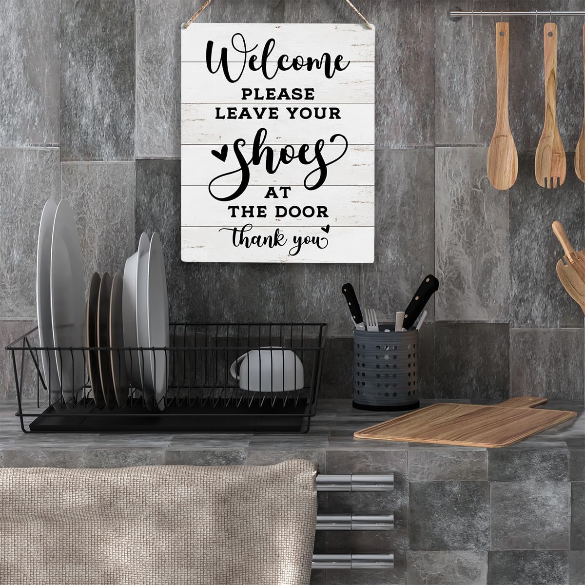 Front Door Welcome Sign, Please Remove Your Shoes Signs, No Shoes Sign for Home, Wooden Hanging Plaque 10 x 8 Inch, For Home Porch Entrance Decoration