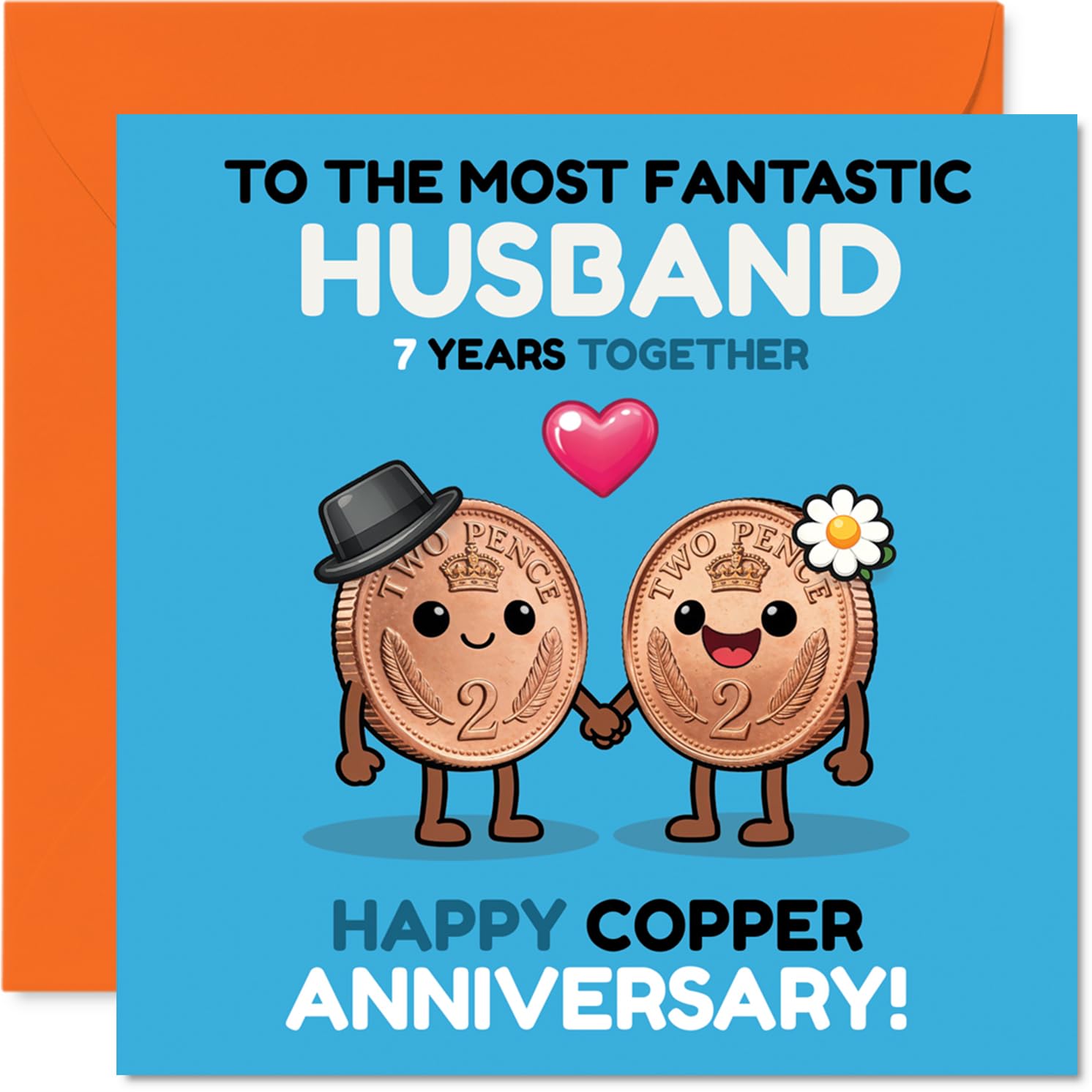 Playful 7th Anniversary Card for Husband - Seven Years and Still Minted - Cute Coins Design for a Copper Anniversary - 145mm Square, Envelope Included