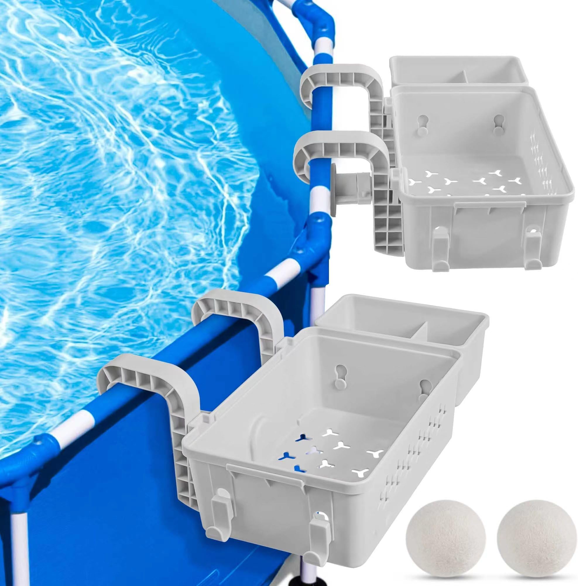 2 Pack Poolside Storage Basket, Above Ground Pool Accessories, Poolside Storage Basket with Cup Holder Hooks, Swimming Pool Storage Basket with Filter Ball, Pool Storage Bin for Most Above Pool