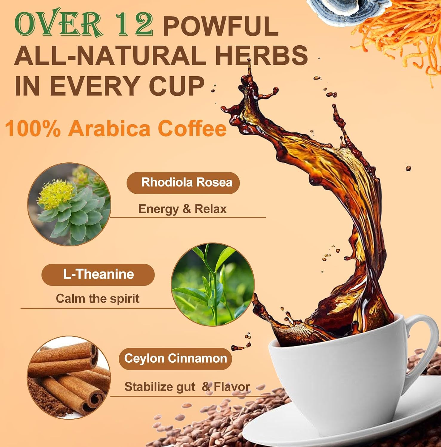 Mushroom Coffee, Powerful 12 in 1 Mushrooms Powder with Lion's Mane, Turkey Tail, Chaga & More, Immune Boosting Instant Arabica Coffee Mix with Cacao, L-Theanine for Focus, Energy