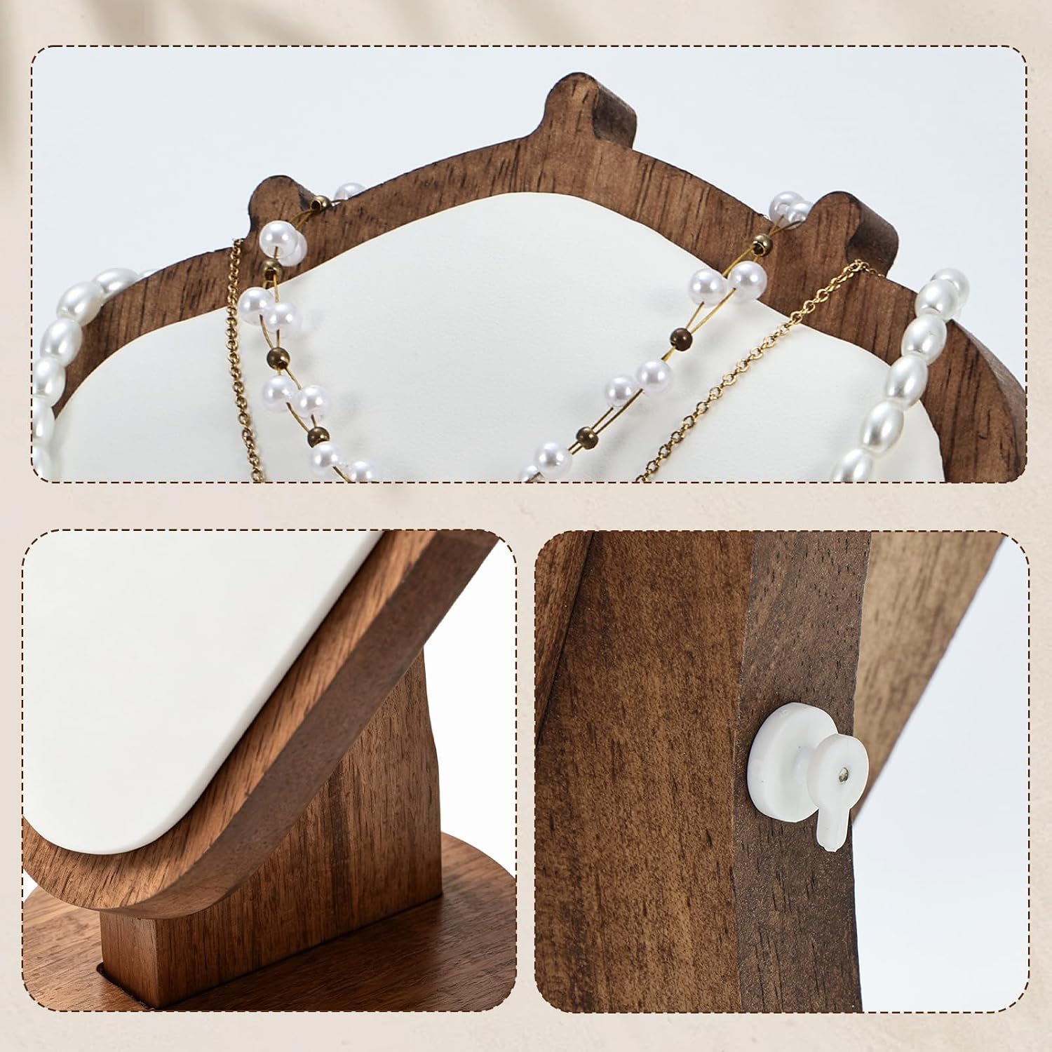 4 pcs Wooden Necklace Display Stand, Jewelry Necklace Holder, Soft Padded Surface, Solid Wood Frame, Stable Tabletop Holder, for Vendor Selling, Jewelry Photography, Retail Counter