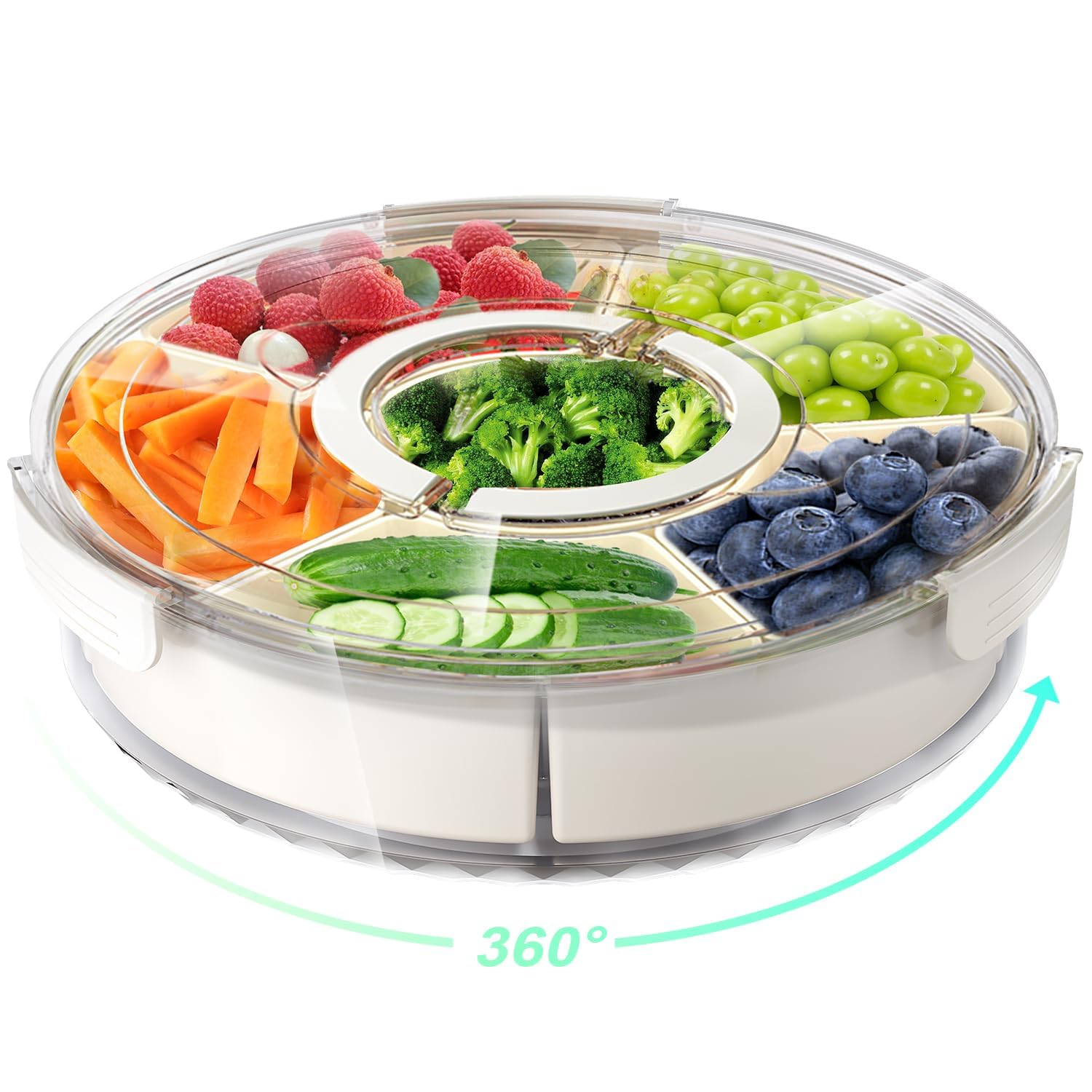 BIGTHREE Divided Serving Tray with Lid and Handle, Large Snack Spinner, Portable Snackle Box for Fruits, Multi-purpose Food Platter for Charcuterie Veggie Fridge Storage Container