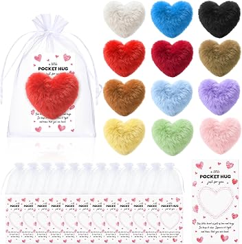 NEWEST 12 Sets Little Heart Pocket Hug Gifts Bulk, Pom Pom Heart Pocket Hug Token with Heartwarming Card & Organza Bag Emotional Support Exchange Cards for Colleagues Family Friend Distance Social