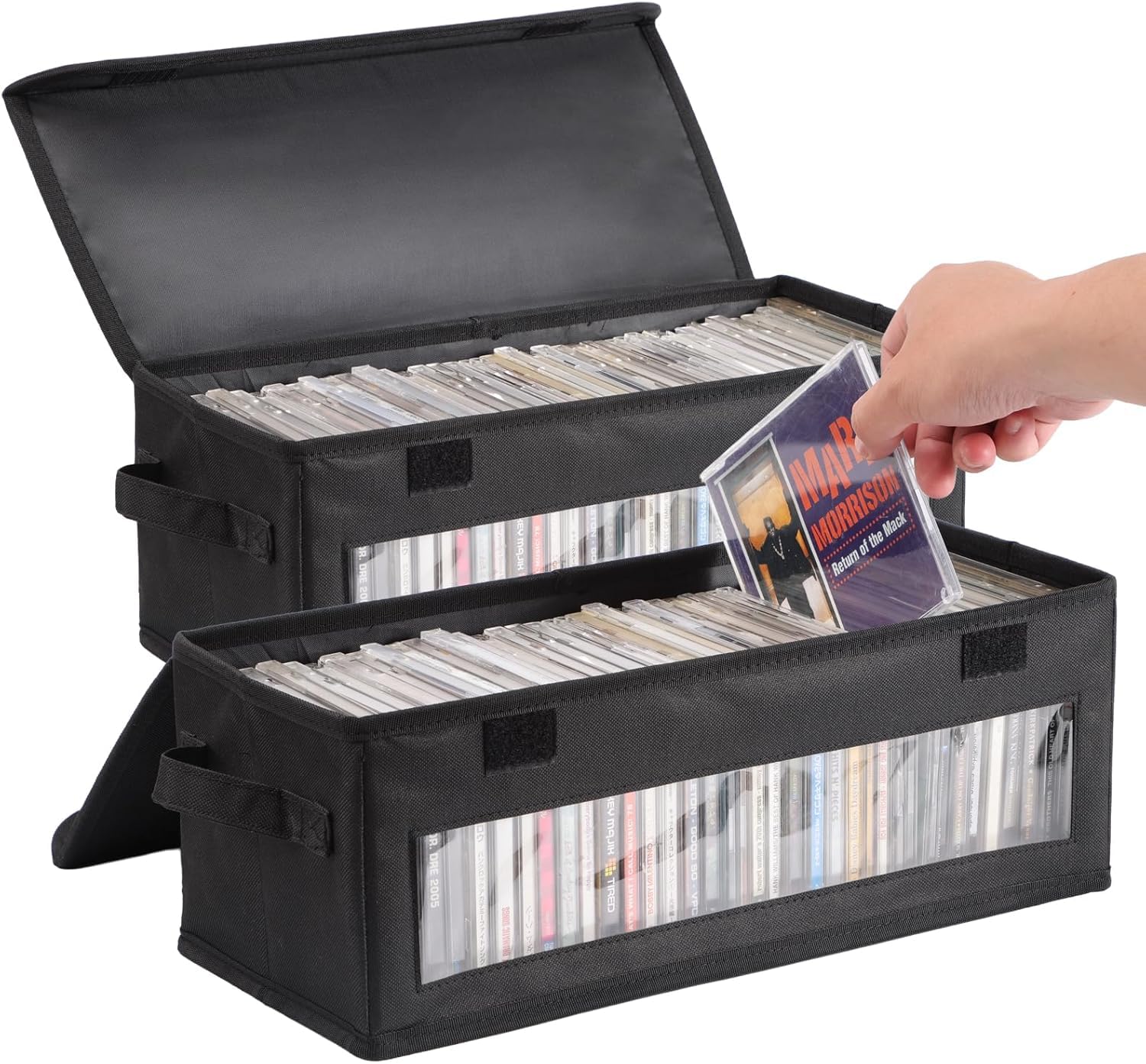 Caja de almacenamiento para CD con ventana visible, para 32 CD, DVD con tapa y asa, caja de almacenamiento plegable adecuada para CD, libros, documentos, color negro, 4 unidades (2 unidades)